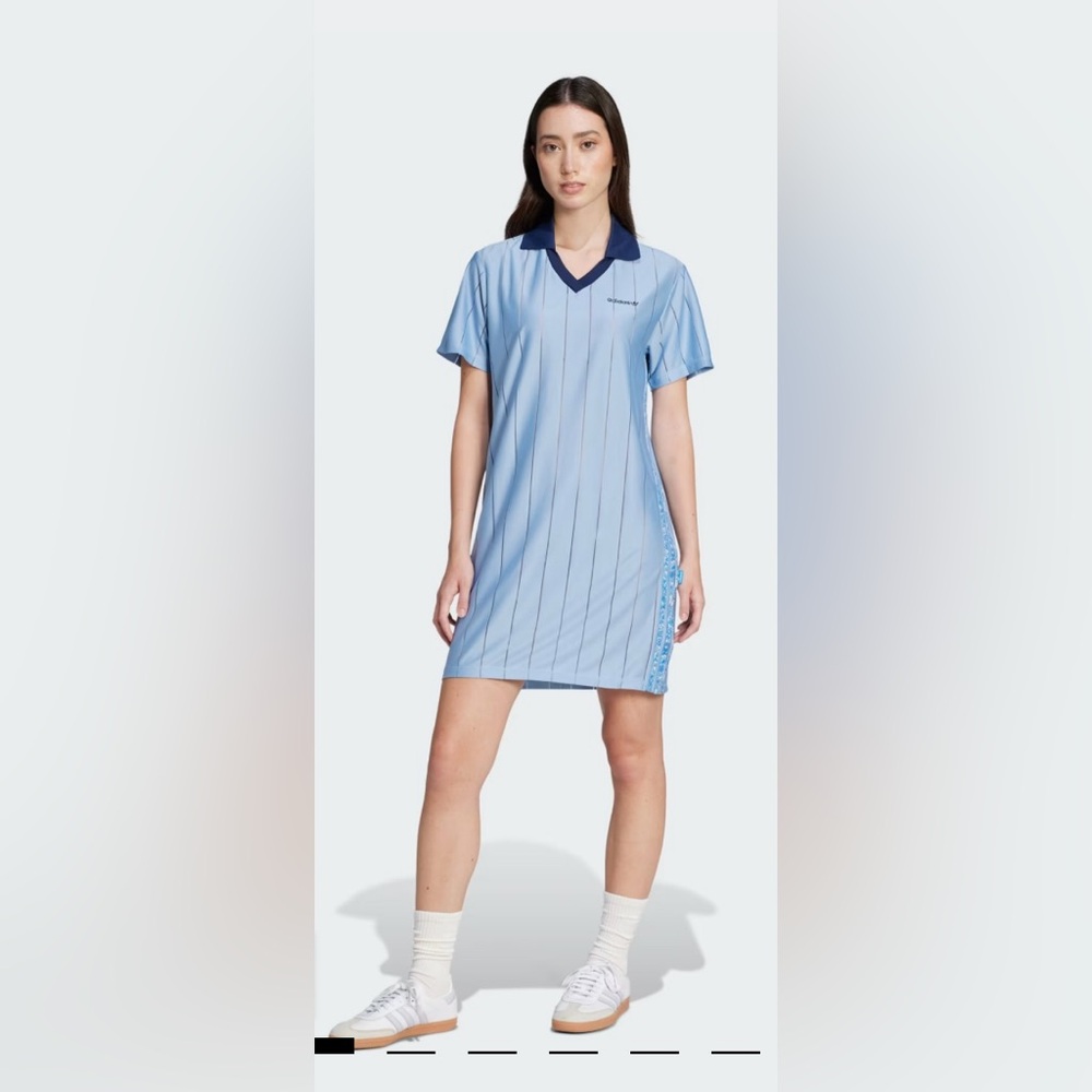 Adidas x Liberty London Sky Blue V-Neck Pinstripe Dress